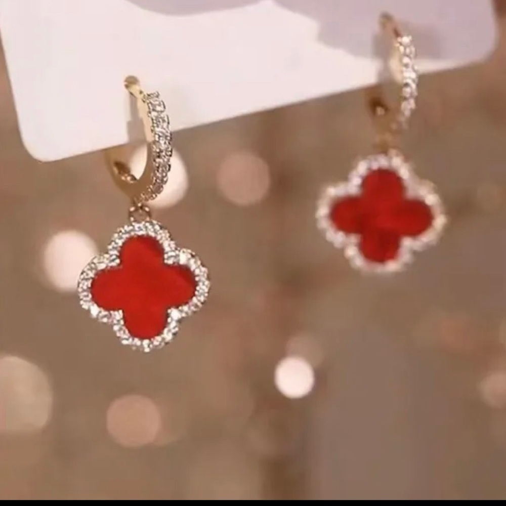 Red clover earrings,designer clover earrings